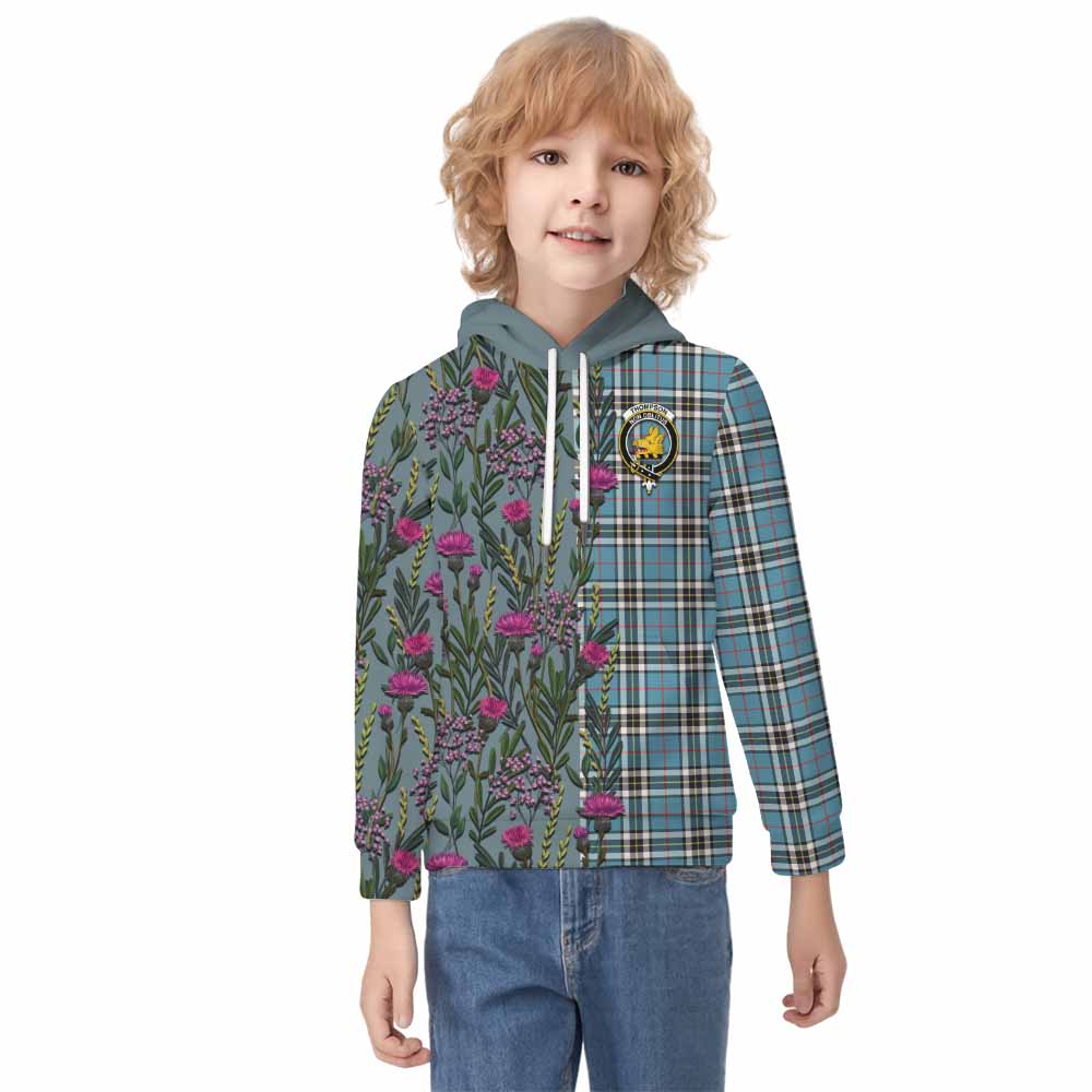 Thompson (Thomson) Family Crest Tartan Kid Hoodie Scottish Thistle Flower Pattern Half Style - Tartan Vibes Clothing