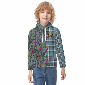 Thompson (Thomson) Family Crest Tartan Kid Hoodie Scottish Thistle Flower Pattern Half Style - Tartan Vibes Clothing