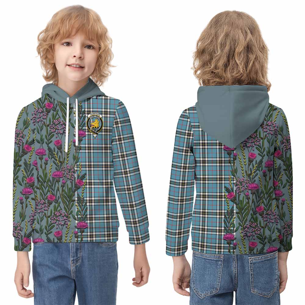 Thompson (Thomson) Family Crest Tartan Kid Hoodie Scottish Thistle Flower Pattern Half Style - Tartan Vibes Clothing