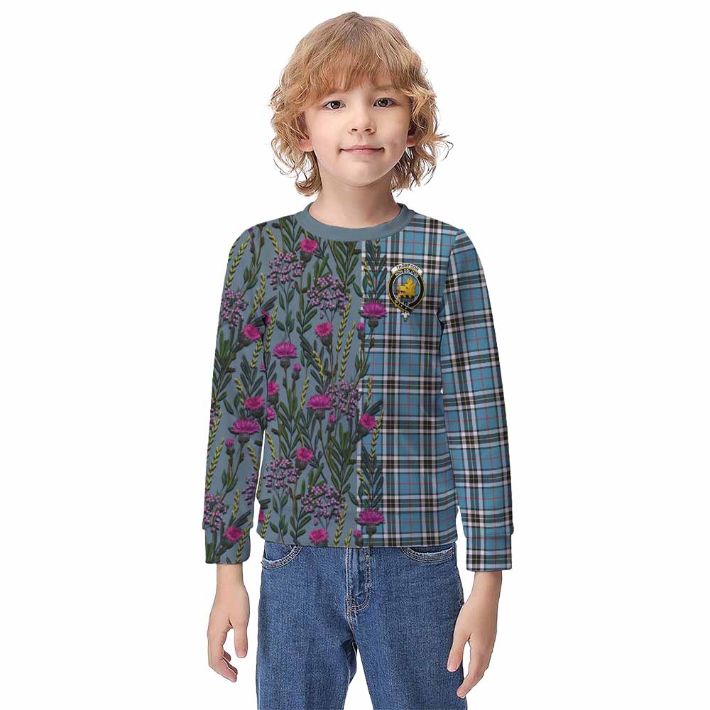 Thompson (Thomson) Family Crest Tartan Kid Knitted Sweatshirt Scottish Thistle Flower Pattern Half Style - Tartan Vibes Clothing