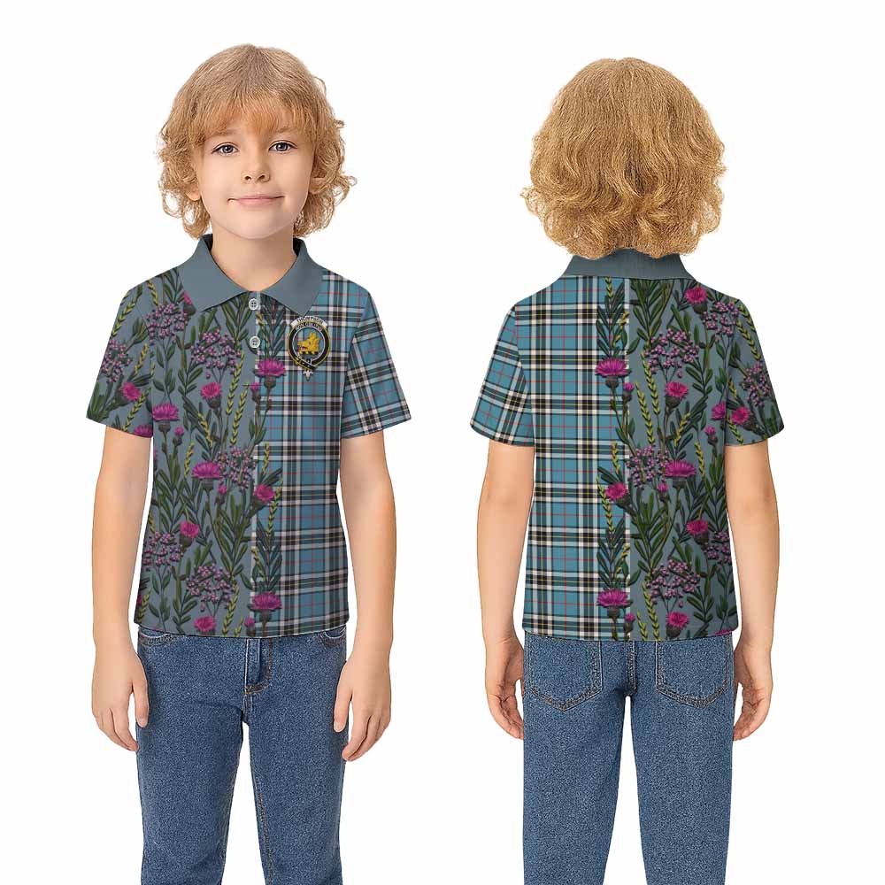 Thompson (Thomson) Family Crest Tartan Kid Polo Shirt Scottish Thistle Flower Pattern Half Style - Tartan Vibes Clothing