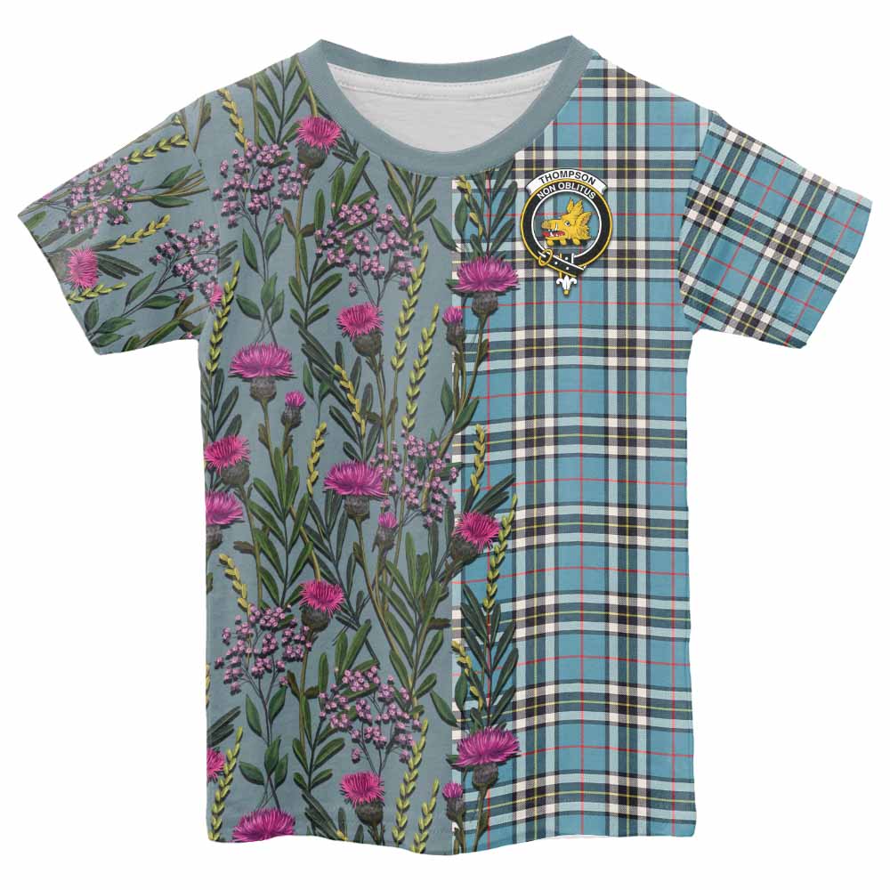 Thompson (Thomson) Family Crest Tartan Kid T-shirt Scottish Thistle Flower Pattern Half Style - Tartan Vibes Clothing