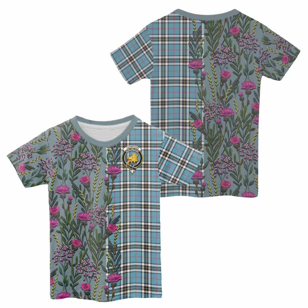Thompson (Thomson) Family Crest Tartan Kid T-shirt Scottish Thistle Flower Pattern Half Style - Tartan Vibes Clothing