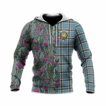 Thompson (Thomson) Family Crest Tartan Knitted Hoodie Scottish Thistle Flower Pattern Half Style - Tartan Vibes Clothing
