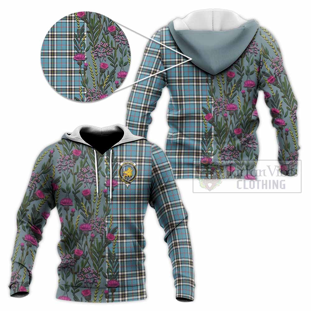 Thompson (Thomson) Family Crest Tartan Knitted Hoodie Scottish Thistle Flower Pattern Half Style - Tartan Vibes Clothing