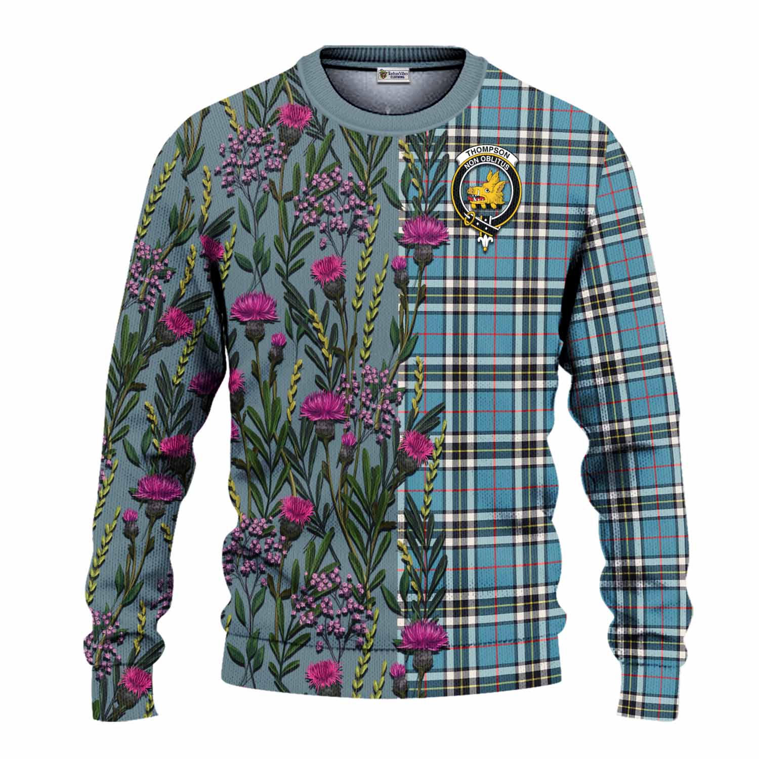 Thompson (Thomson) Family Crest Tartan Knitted Sweater Scottish Thistle Flower Pattern Half Style - Tartan Vibes Clothing