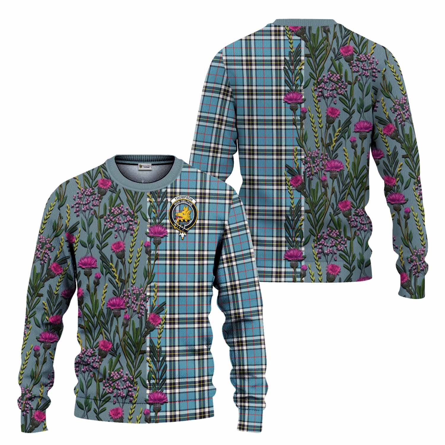 Thompson (Thomson) Family Crest Tartan Knitted Sweater Scottish Thistle Flower Pattern Half Style - Tartan Vibes Clothing