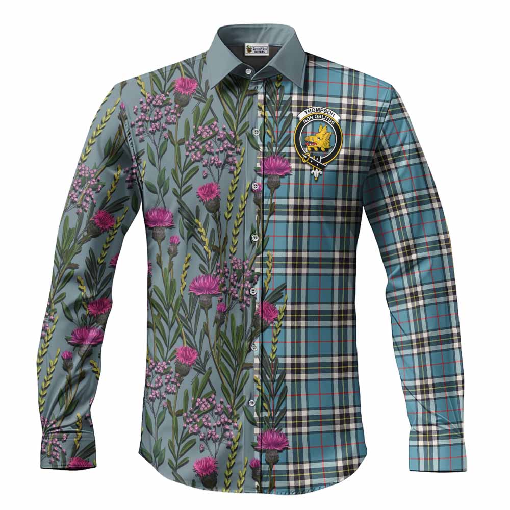 Thompson (Thomson) Family Crest Tartan Long Sleeve Button Shirts Scottish Thistle Flower Pattern Half Style - Tartan Vibes Clothing