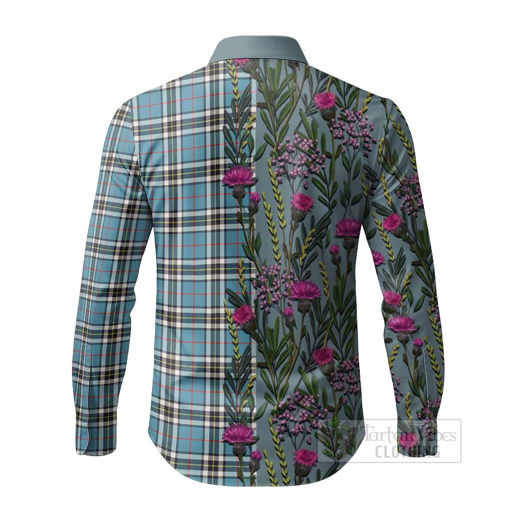 Thompson (Thomson) Family Crest Tartan Long Sleeve Button Shirts Scottish Thistle Flower Pattern Half Style - Tartan Vibes Clothing