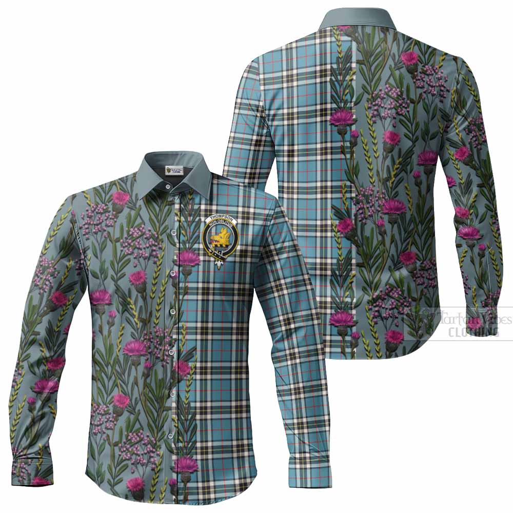 Thompson (Thomson) Family Crest Tartan Long Sleeve Button Shirts Scottish Thistle Flower Pattern Half Style - Tartan Vibes Clothing