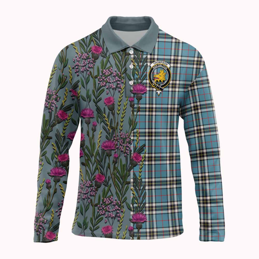 Thompson (Thomson) Family Crest Tartan Long Sleeve Polo Shirt Scottish Thistle Flower Pattern Half Style - Tartan Vibes Clothing