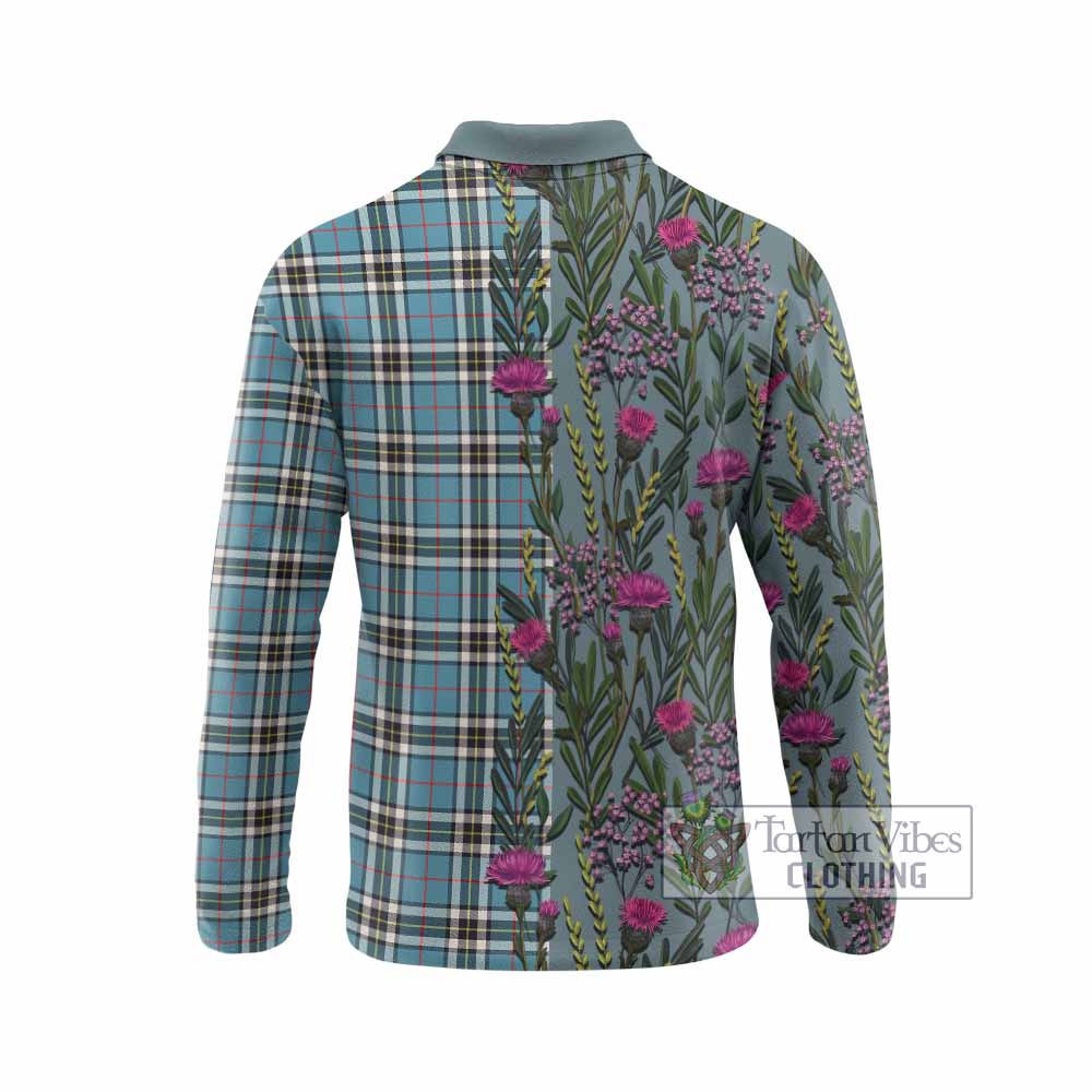Thompson (Thomson) Family Crest Tartan Long Sleeve Polo Shirt Scottish Thistle Flower Pattern Half Style - Tartan Vibes Clothing