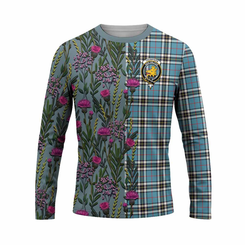 Thompson (Thomson) Family Crest Tartan Long Sleeve T-Shirt Scottish Thistle Flower Pattern Half Style - Tartan Vibes Clothing