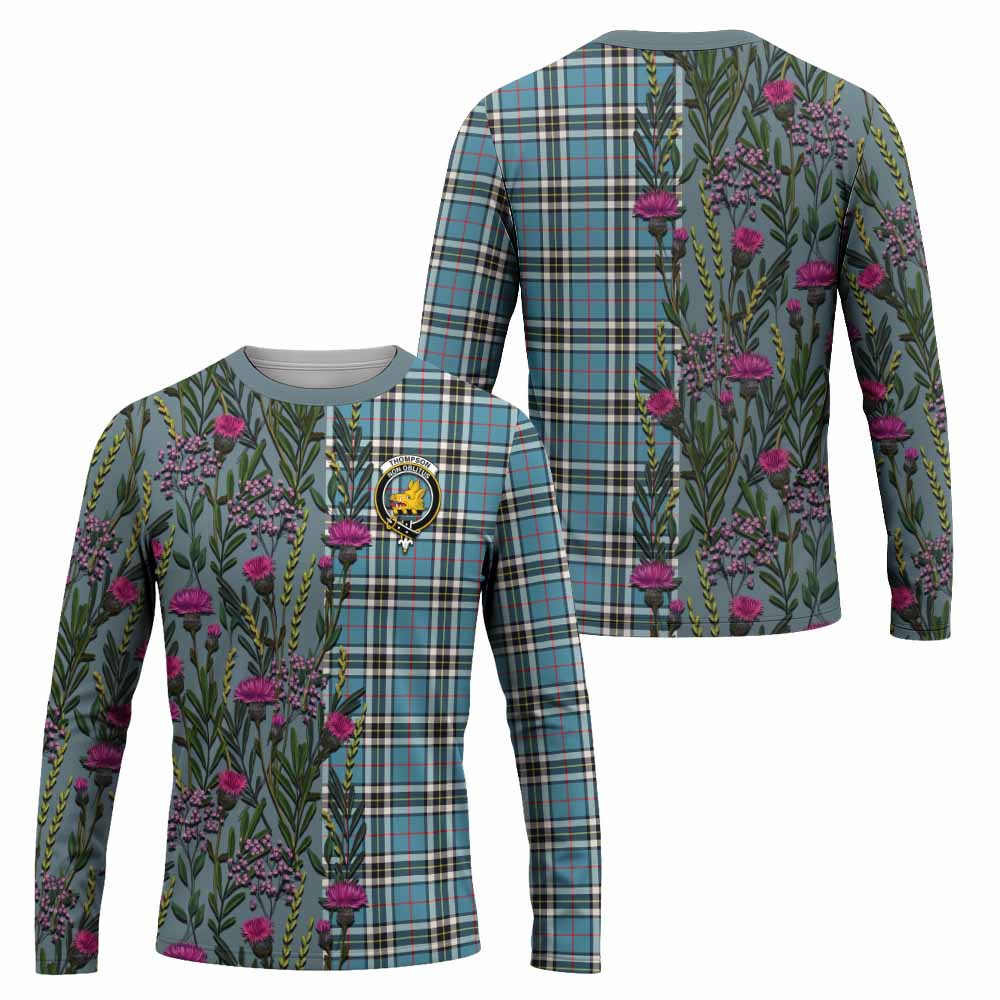 Thompson (Thomson) Family Crest Tartan Long Sleeve T-Shirt Scottish Thistle Flower Pattern Half Style - Tartan Vibes Clothing