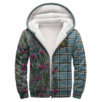 Thompson (Thomson) Family Crest Tartan Sherpa Hoodie Scottish Thistle Flower Pattern Half Style - Tartan Vibes Clothing
