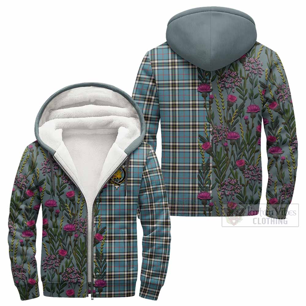 Thompson (Thomson) Family Crest Tartan Sherpa Hoodie Scottish Thistle Flower Pattern Half Style - Tartan Vibes Clothing