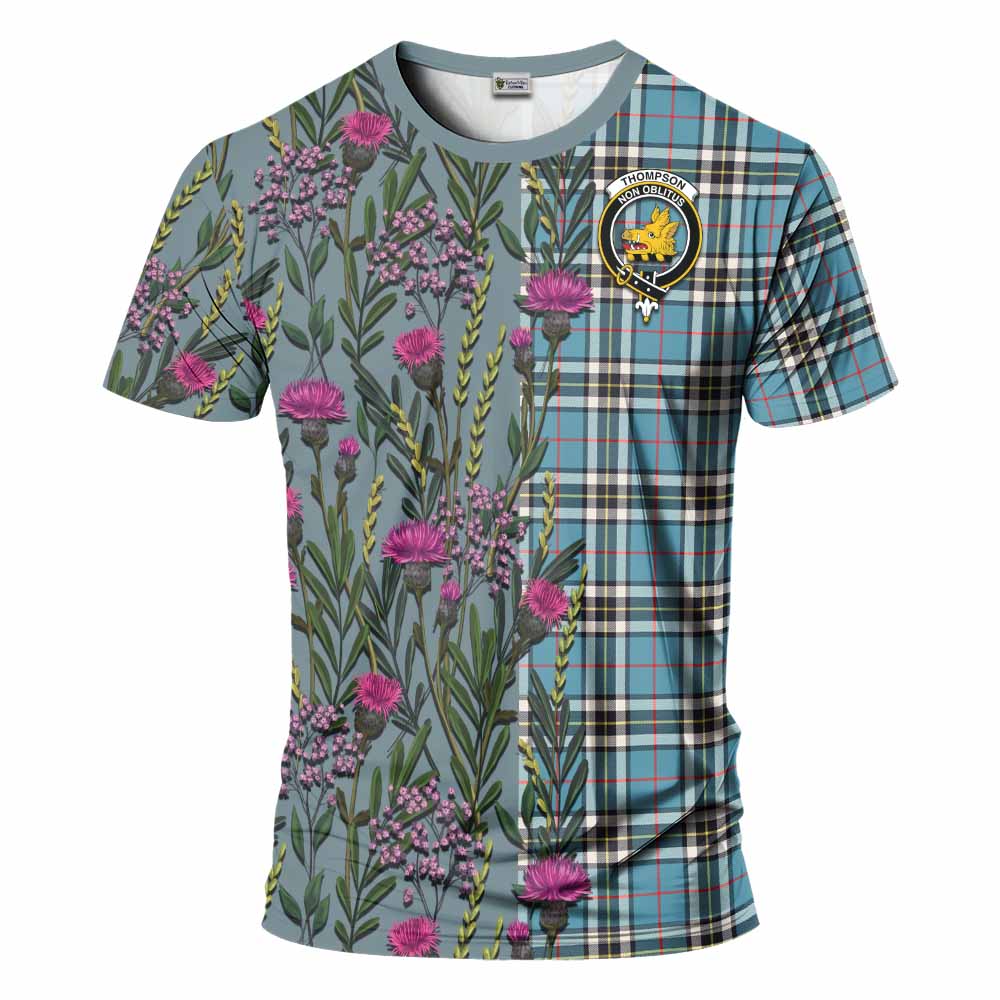 Thompson (Thomson) Family Crest Tartan T-Shirt Scottish Thistle Flower Pattern Half Style - Tartan Vibes Clothing