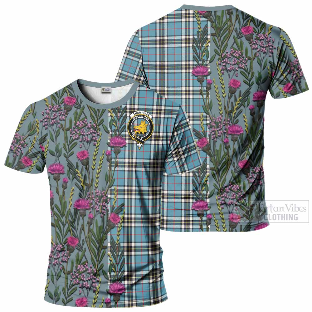 Thompson (Thomson) Family Crest Tartan T-Shirt Scottish Thistle Flower Pattern Half Style - Tartan Vibes Clothing