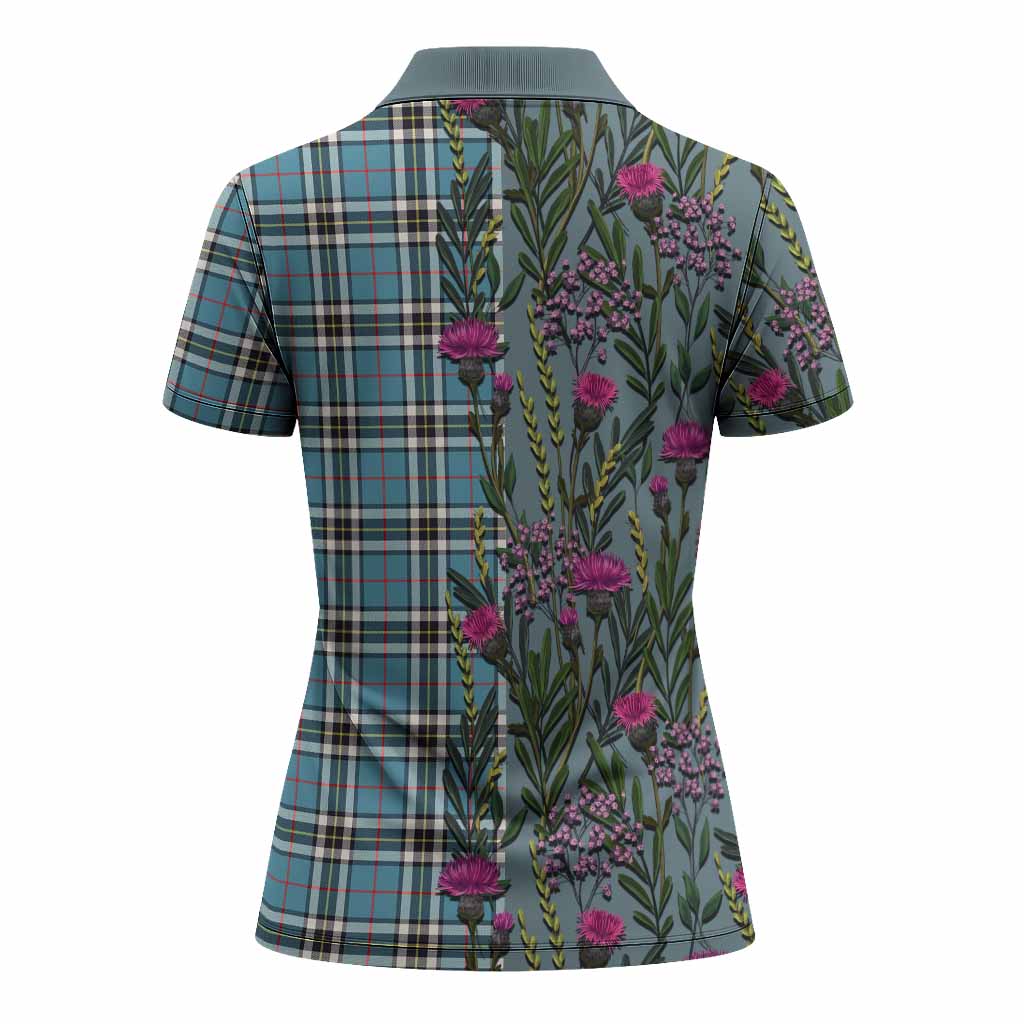 Thompson (Thomson) Family Crest Tartan Women Polo Shirt Scottish Thistle Flower Pattern Half Style - Tartan Vibes Clothing
