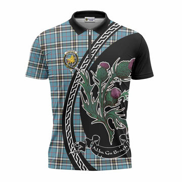 Thompson (Thomson) Family Crest Tartan Zipper Polo Shirt Alba Thistle Inspired - Tartan Vibes Clothing