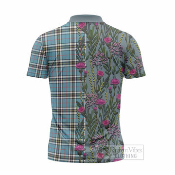 Thompson (Thomson) Family Crest Tartan Zipper Polo Shirt Scottish Thistle Flower Pattern Half Style - Tartan Vibes Clothing