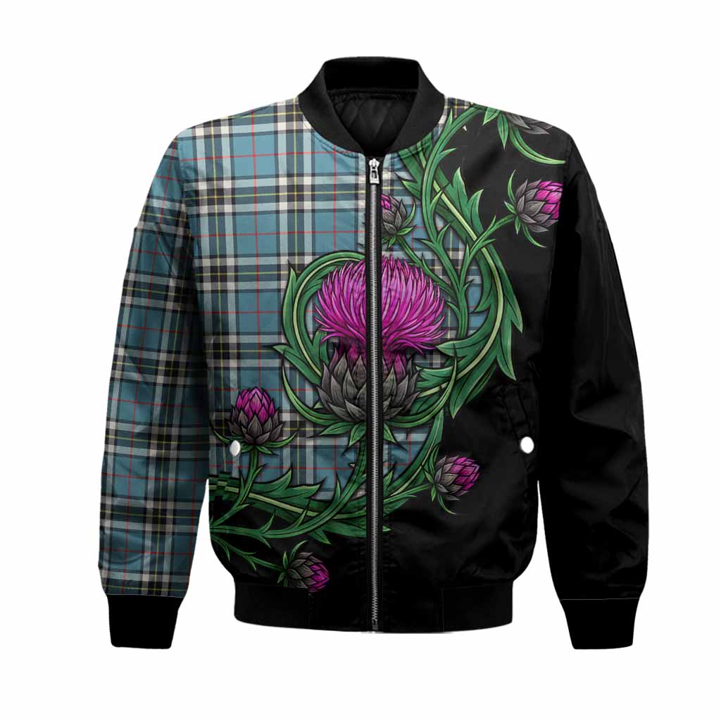 Thompson (Thomson) Tartan Bomber Jacket Resilient Scottish Thistle Unisex Black - Tartan Vibes Clothing