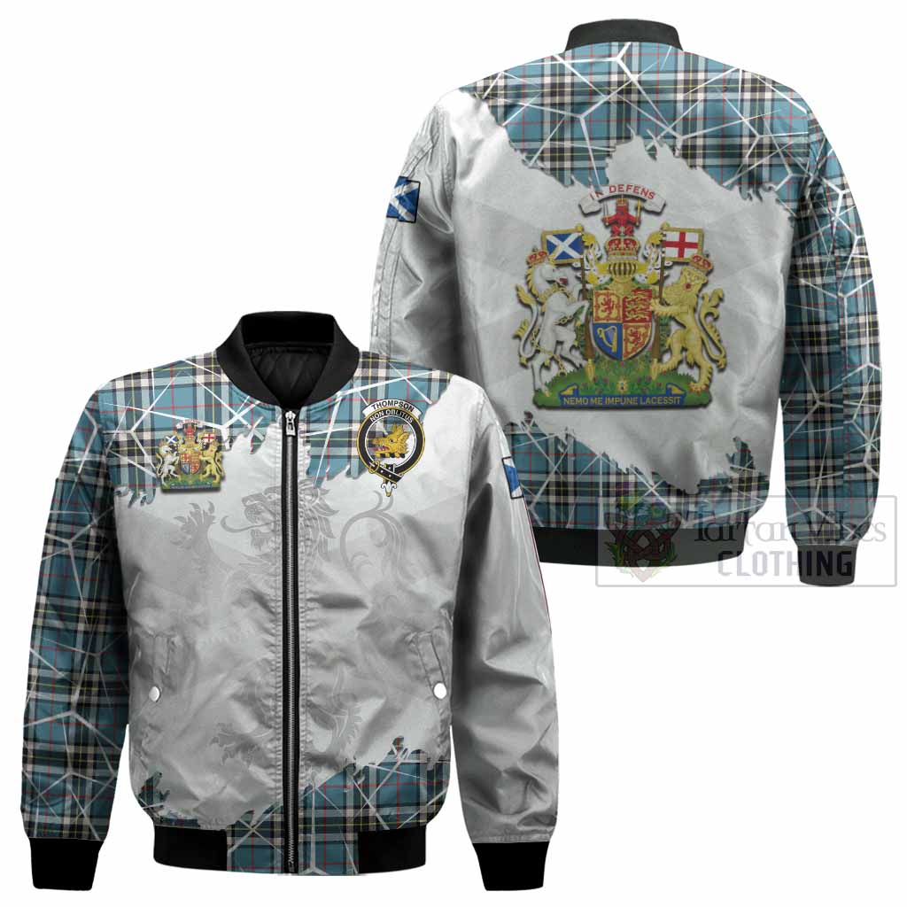 Thompson (Thomson) Tartan Bomber Jacket with Family Crest and Lion Rampant Grunge Style