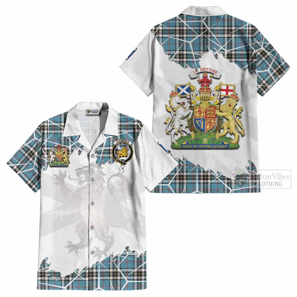 Thompson (Thomson) Tartan Cotton Hawaiian Shirt with Family Crest and Lion Rampant Grunge Style