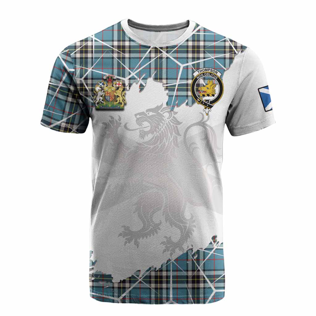 Thompson (Thomson) Tartan Cotton T-shirt with Family Crest and Lion Rampant Grunge Style