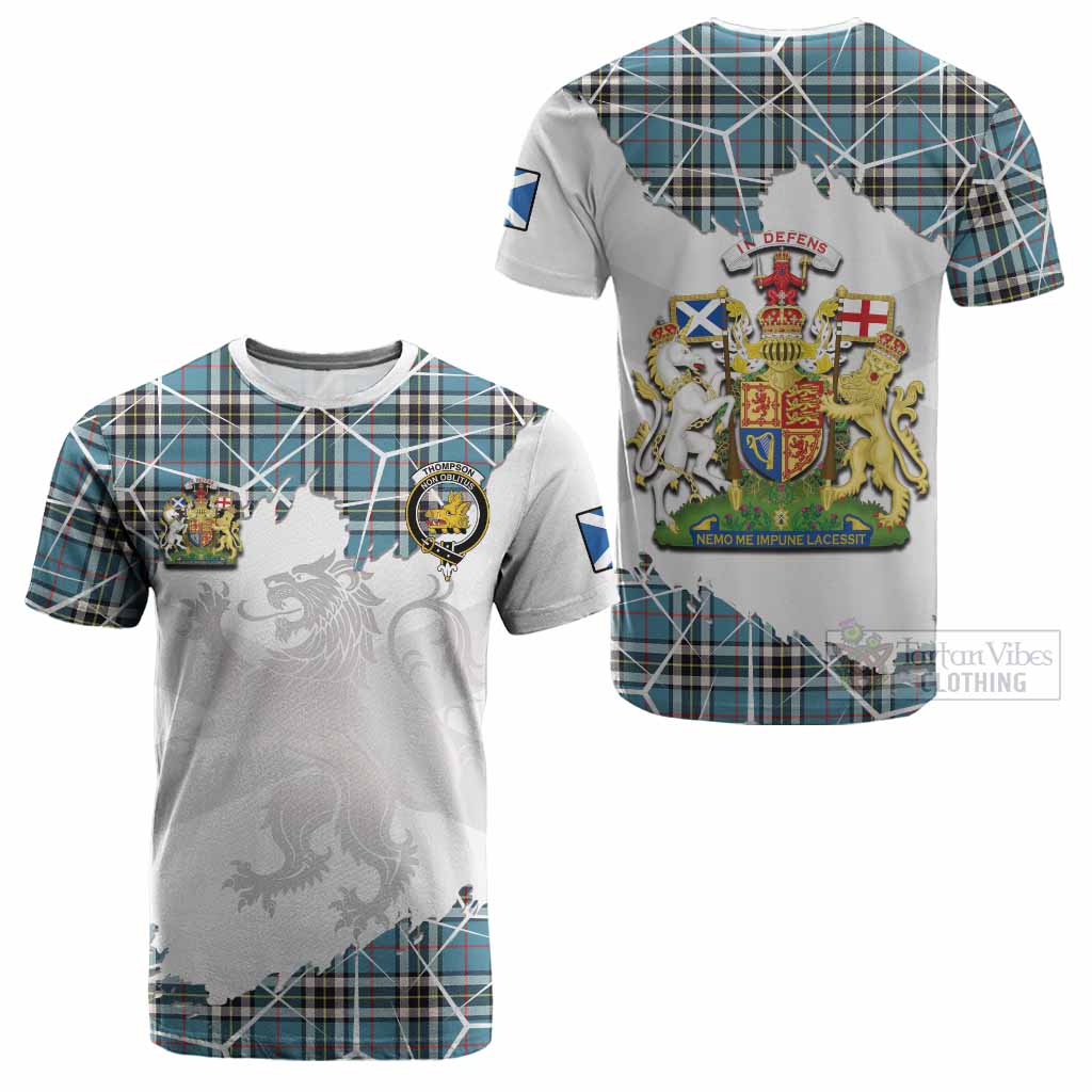 Thompson (Thomson) Tartan Cotton T-shirt with Family Crest and Lion Rampant Grunge Style