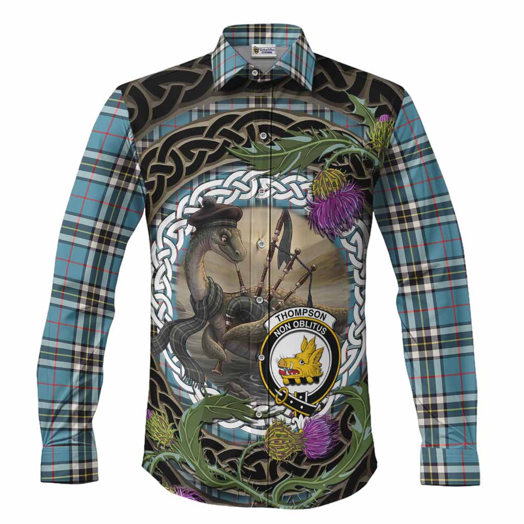 Thompson (Thomson) Tartan Crest Bagpipe Nessie Long Sleeve Button Shirts Scottish Loch Ness Monster Celtic Thistle