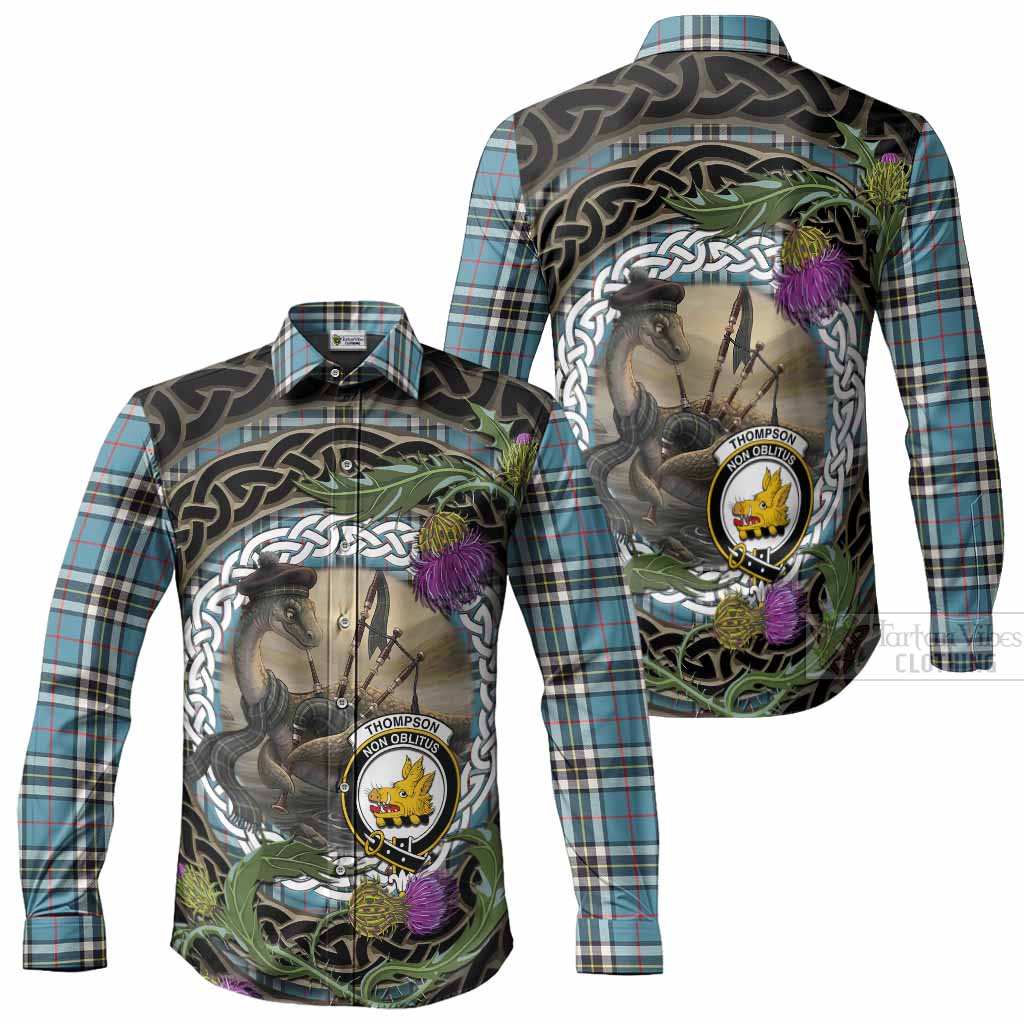 Thompson (Thomson) Tartan Crest Bagpipe Nessie Long Sleeve Button Shirts Scottish Loch Ness Monster Celtic Thistle