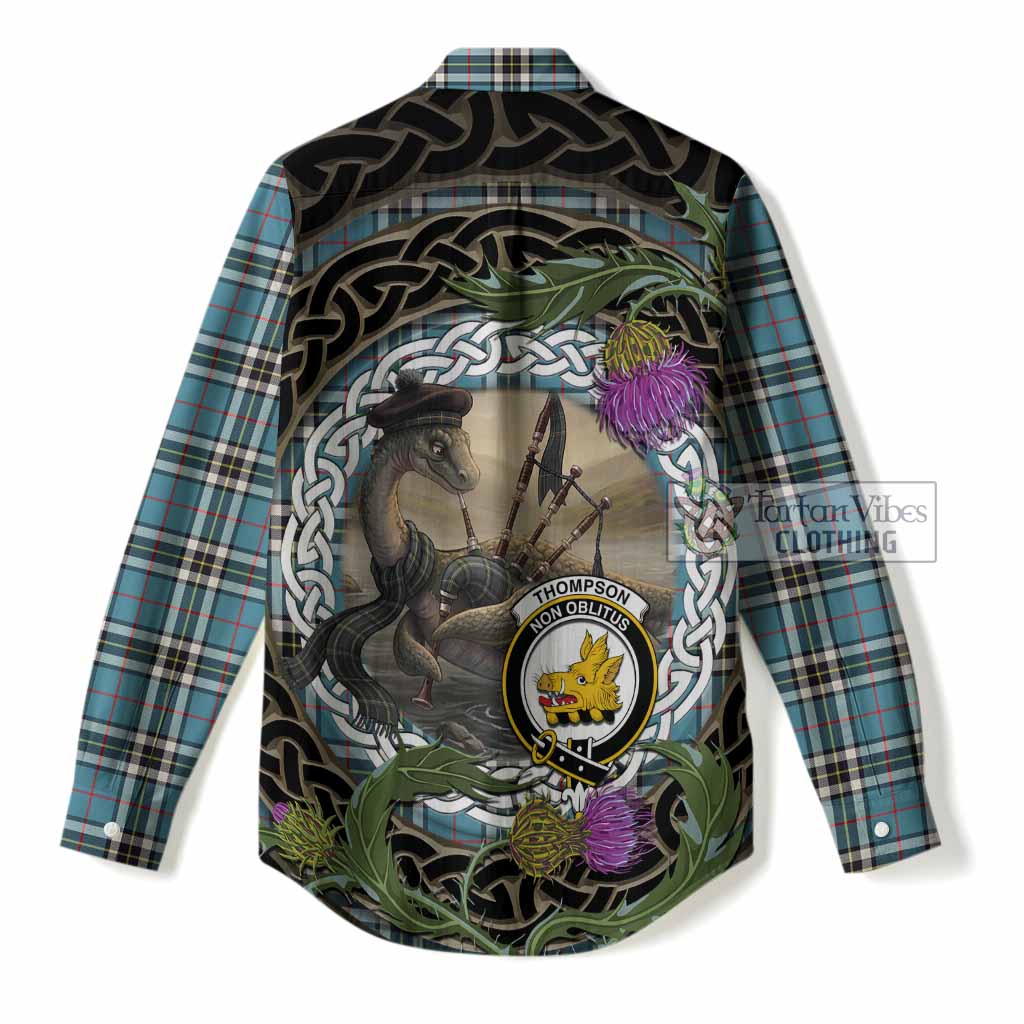 Thompson (Thomson) Tartan Crest Bagpipe Nessie Women Casual Shirt Scottish Loch Ness Monster Celtic Thistle