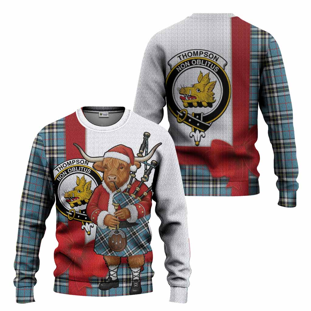 Thompson (Thomson) Tartan Crest Christmas Christmas Ugly Sweater Highland Cow Bagpipes Coquette Bow Style