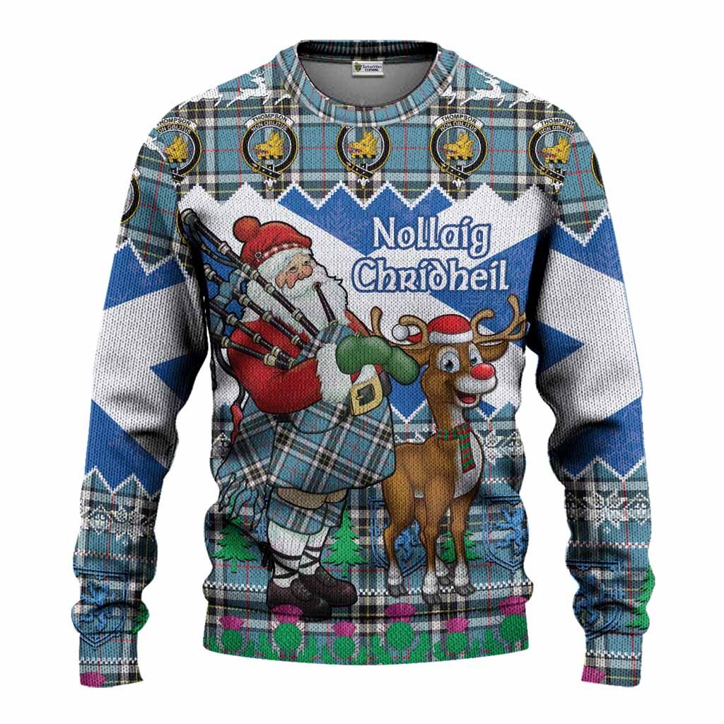Thompson (Thomson) Tartan Crest Christmas Christmas Ugly Sweater Scotland Santa With Bagpipes Cute Reindeer