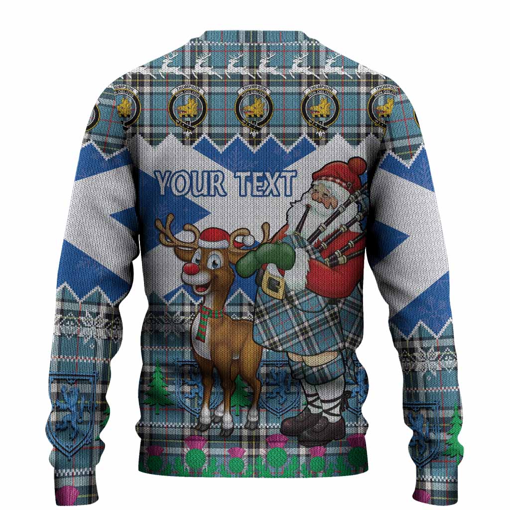 Thompson (Thomson) Tartan Crest Christmas Christmas Ugly Sweater Scotland Santa With Bagpipes Cute Reindeer