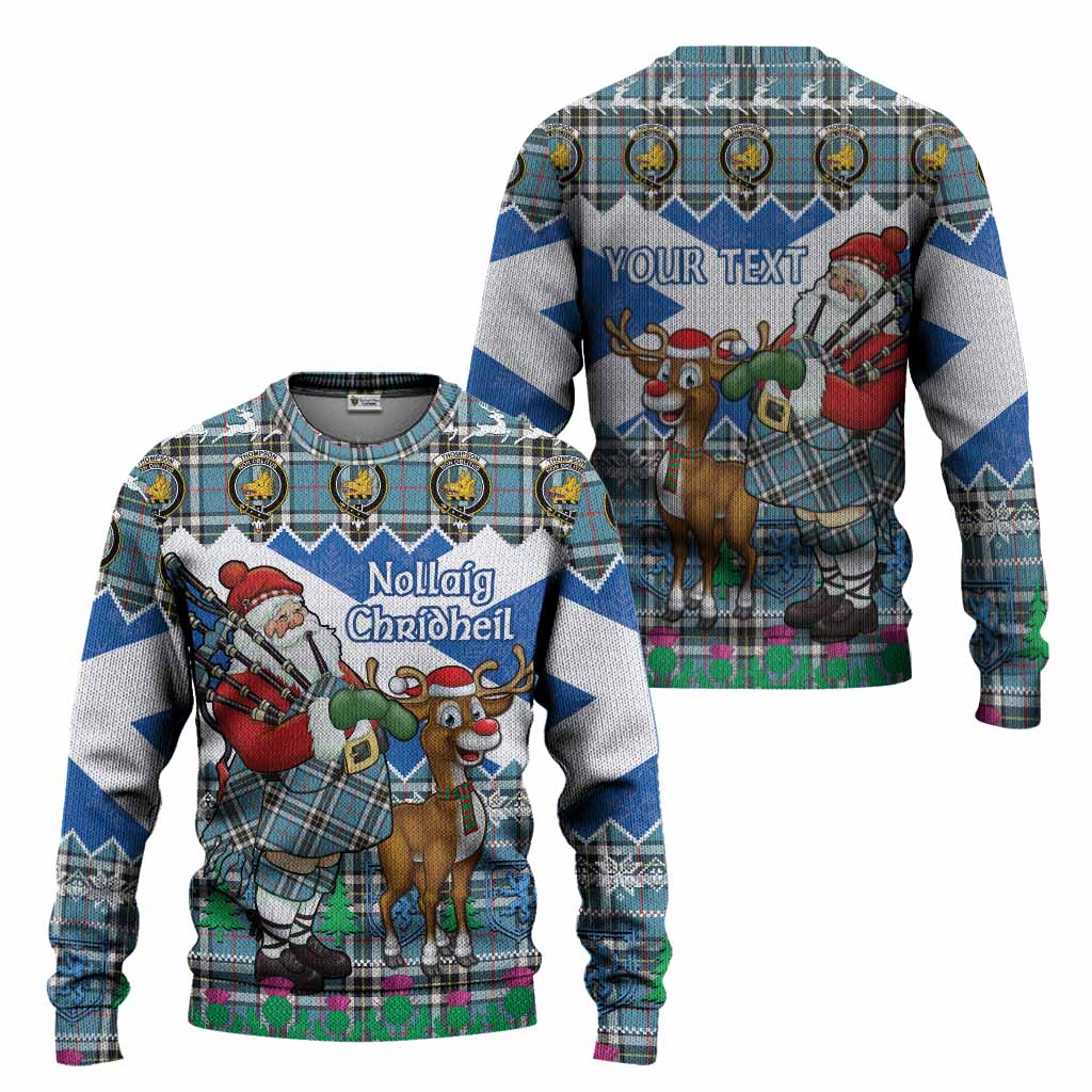 Thompson (Thomson) Tartan Crest Christmas Christmas Ugly Sweater Scotland Santa With Bagpipes Cute Reindeer