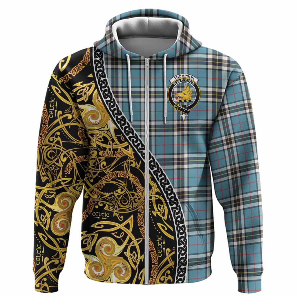Thompson (Thomson) Tartan Crest Hoodie Celtic Knot and Triple Trickle Spiral Symbols