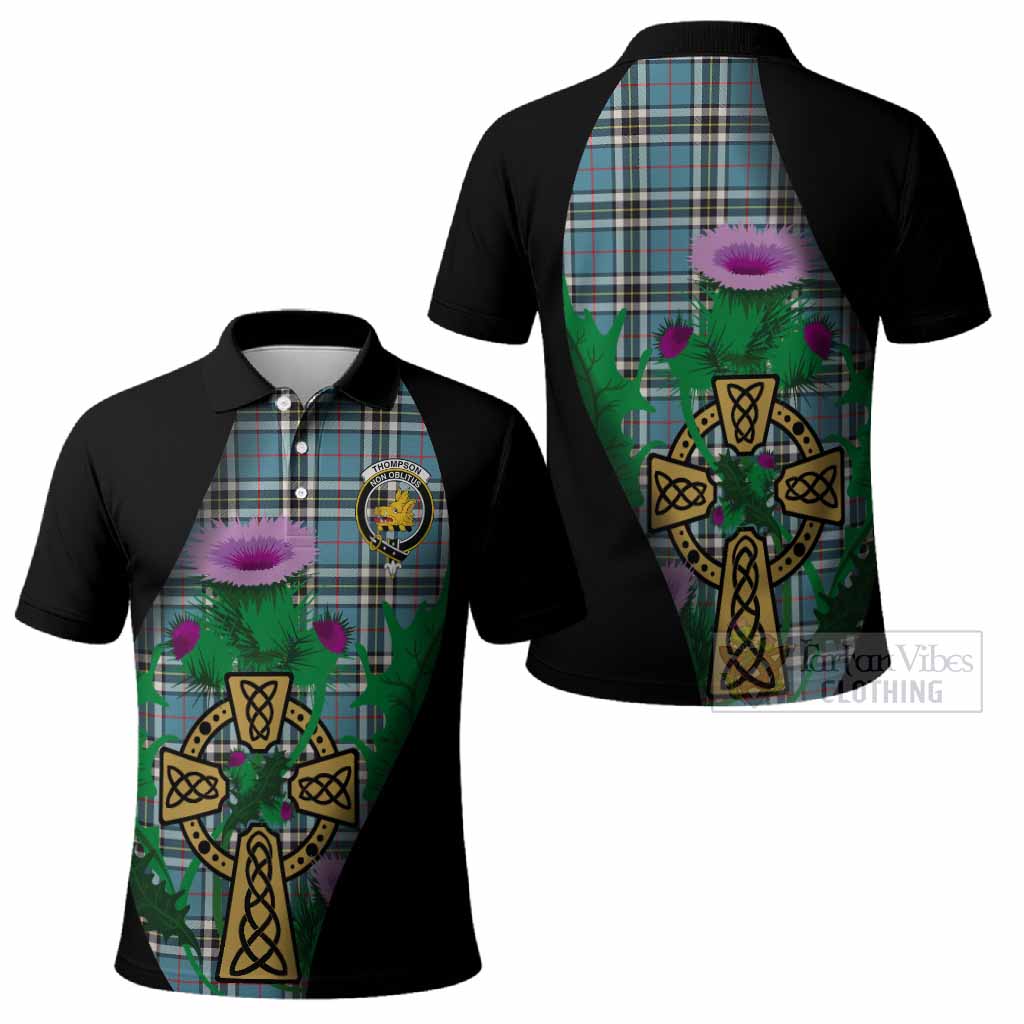 Thompson (Thomson) Tartan Crest Polo Shirt Celtic Cross Thistle Flowers