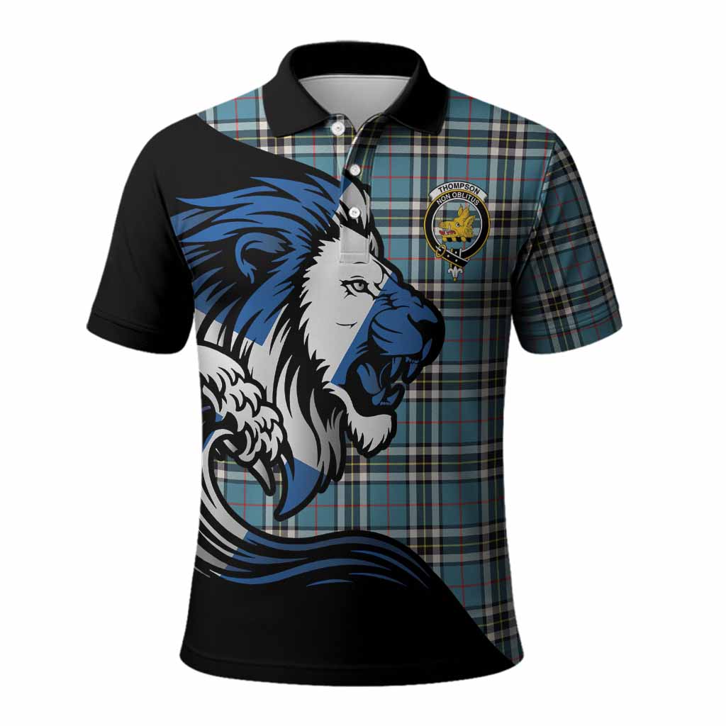 Thompson (Thomson) Tartan Crest Polo Shirt Scottish Golden Lions Wave Flow