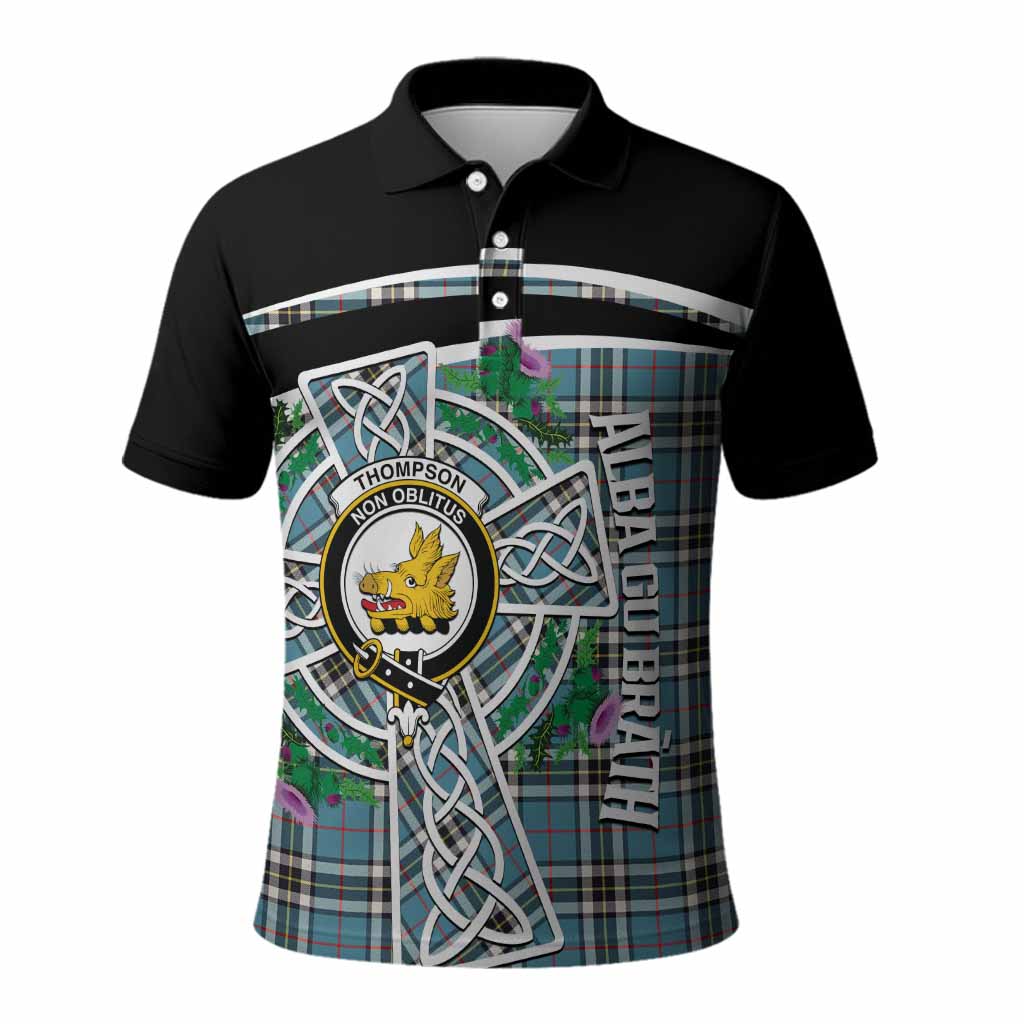 Thompson (Thomson) Tartan Crest Polo Shirt Scottish Thistle Celtic Cross Alba Gu Brath
