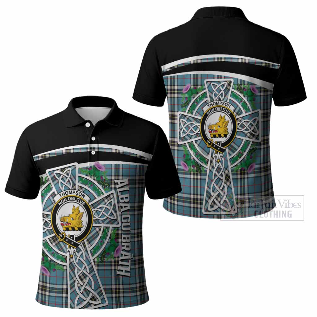 Thompson (Thomson) Tartan Crest Polo Shirt Scottish Thistle Celtic Cross Alba Gu Brath