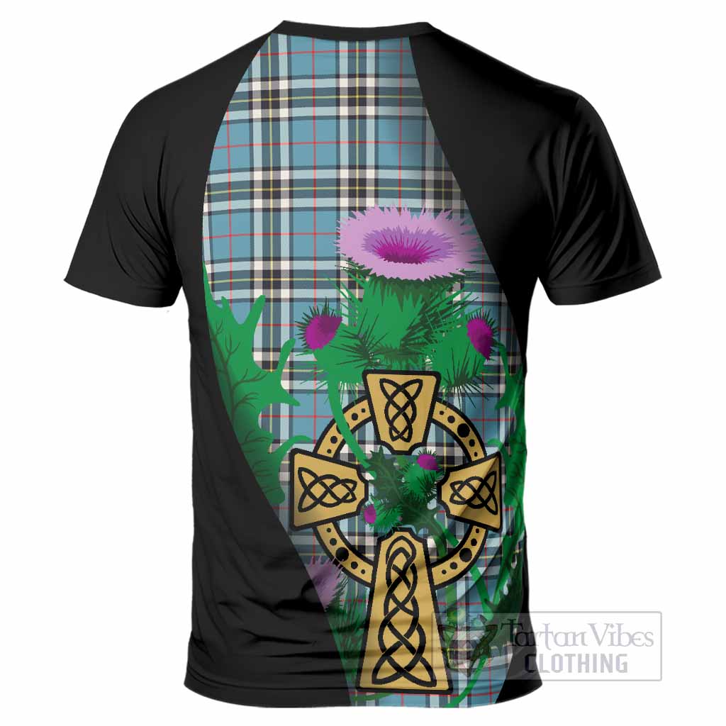 Thompson (Thomson) Tartan Crest T-Shirt Celtic Cross Thistle Flowers