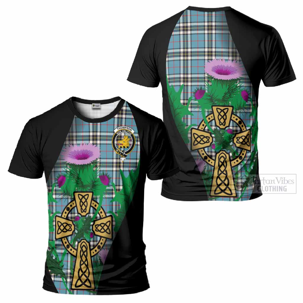 Thompson (Thomson) Tartan Crest T-Shirt Celtic Cross Thistle Flowers