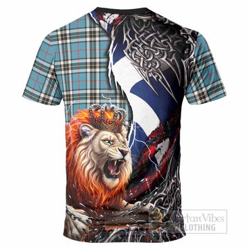 Thompson (Thomson) Tartan Crest T-Shirt Heritage Flag Grunge Celtic Knot and Lion Rampant