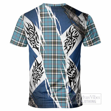 Thompson (Thomson) Tartan Crest T-Shirt Scotland Flag Ripped Tribal Design