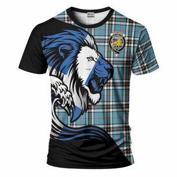 Thompson (Thomson) Tartan Crest T-Shirt Scottish Golden Lions Wave Flow