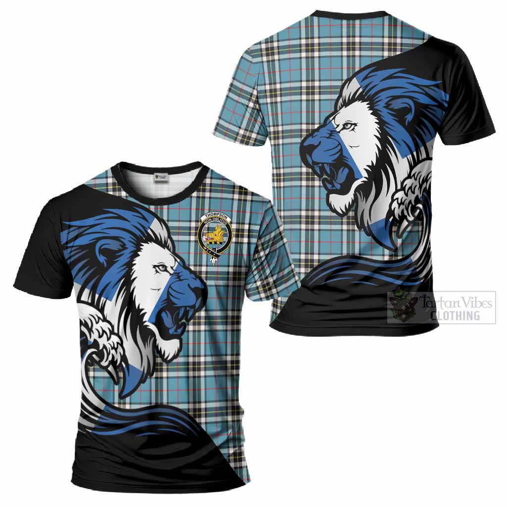 Thompson (Thomson) Tartan Crest T-Shirt Scottish Golden Lions Wave Flow