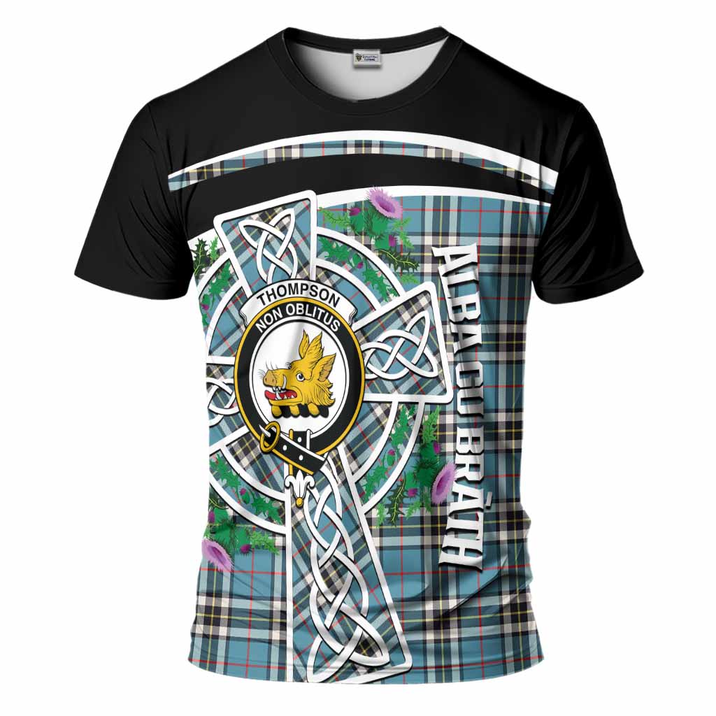 Thompson (Thomson) Tartan Crest T-Shirt Scottish Thistle Celtic Cross Alba Gu Brath