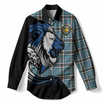 Thompson (Thomson) Tartan Crest Women Casual Shirt Scottish Golden Lions Wave Flow